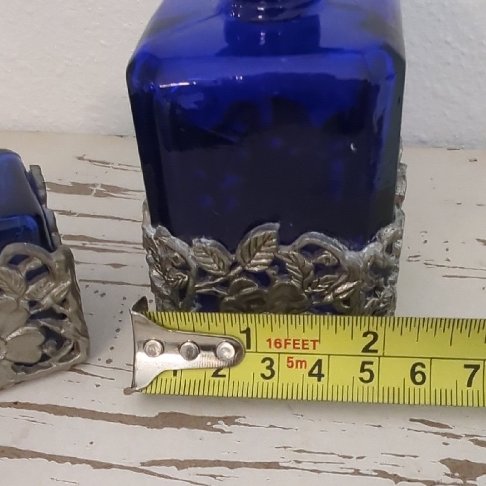 💙 Vintage Cobalt Blue Pewter Refillable Boudoir Perfume Bottles – Set of Two - Picture 9 of 12